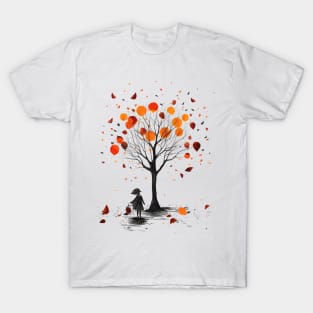 Girl Under Tree With Autumn Leaves  Confetti T-Shirt
